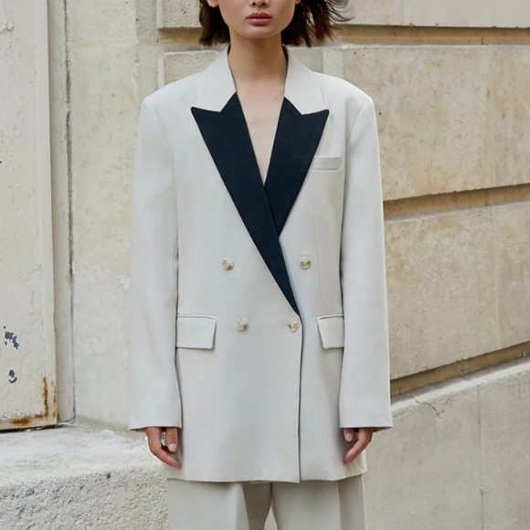 Pixie Market Luisa Oversized Cream Double Breasted Blazer Black Lapel Size Large - Picture 1 of 14